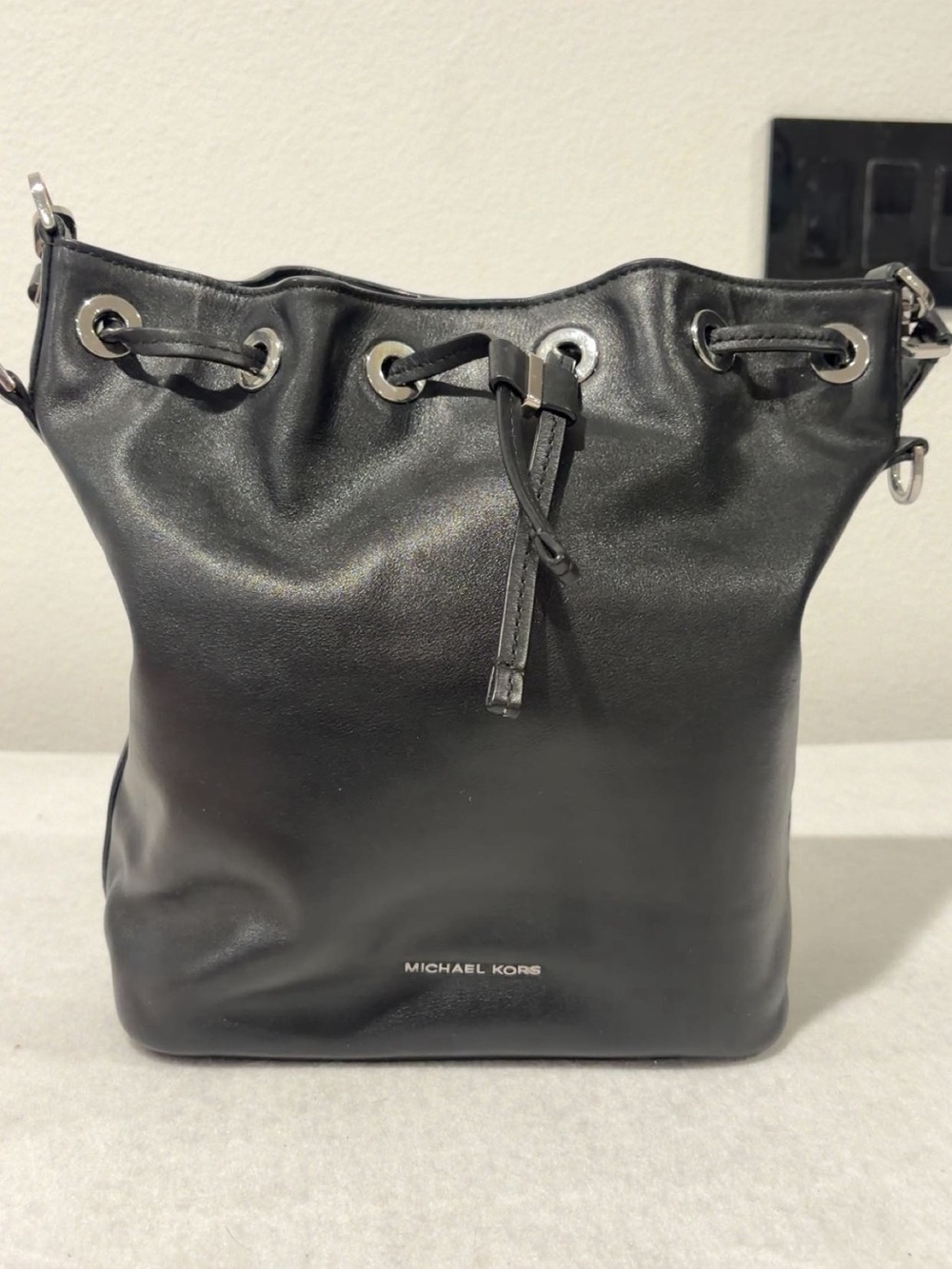 Michael Kors Black Leather Drawstring Bucket Shoulder Bag